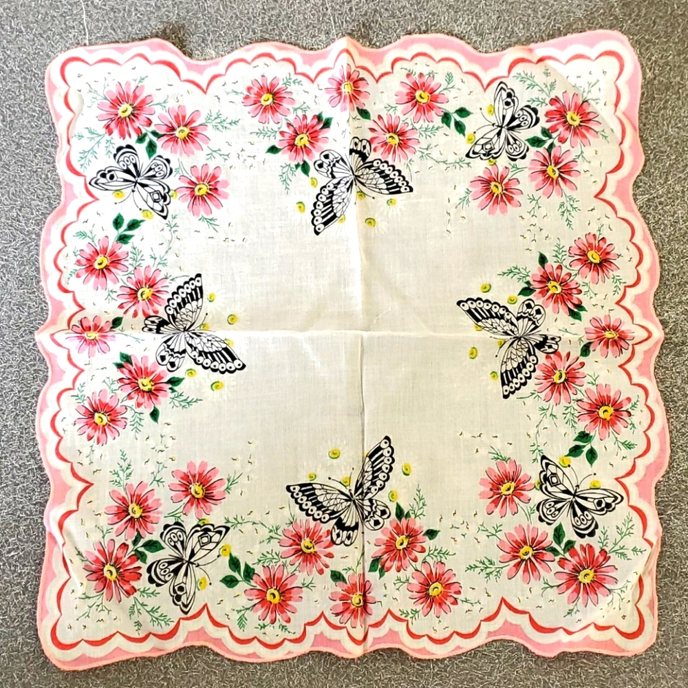 **SOLD** Vtg Elegant Pink Daisy Bfly Handkerchief